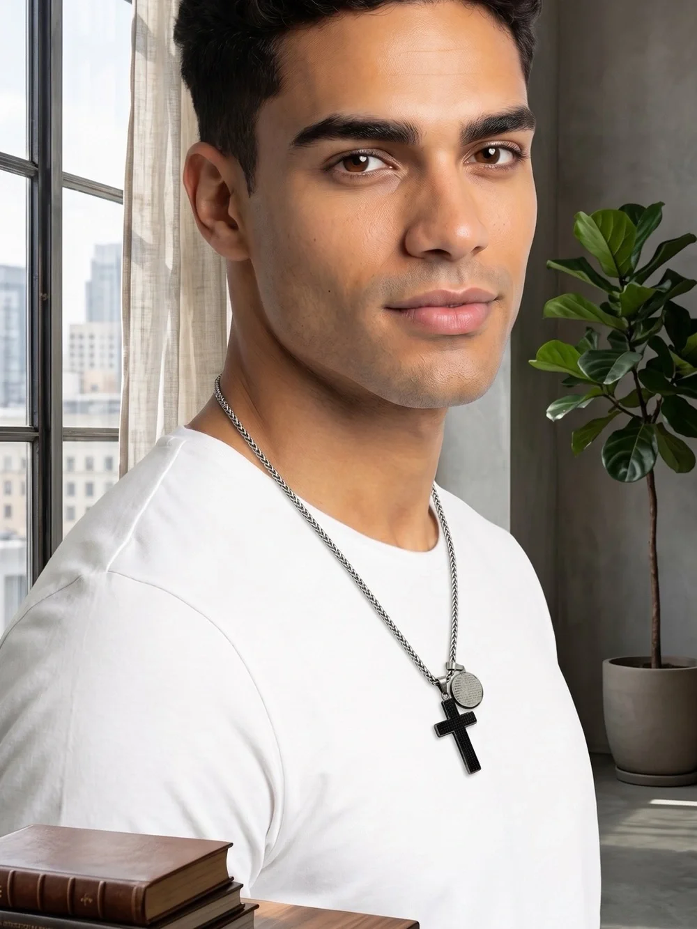Men's Unisex Stainless Steel Cross and Prayer Medallion Necklace New